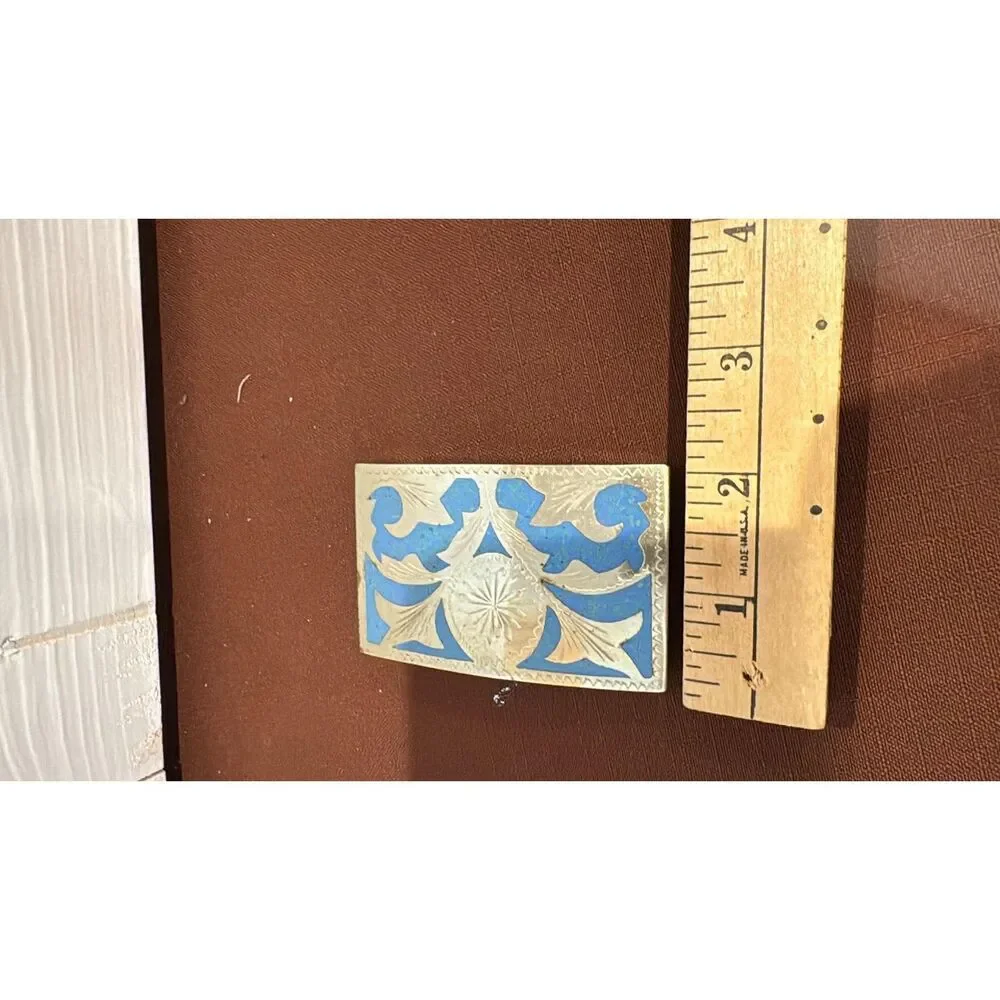 Vintage Western Style Dress Belt Buckle  Silver Tone Metal W/ Blue Accent